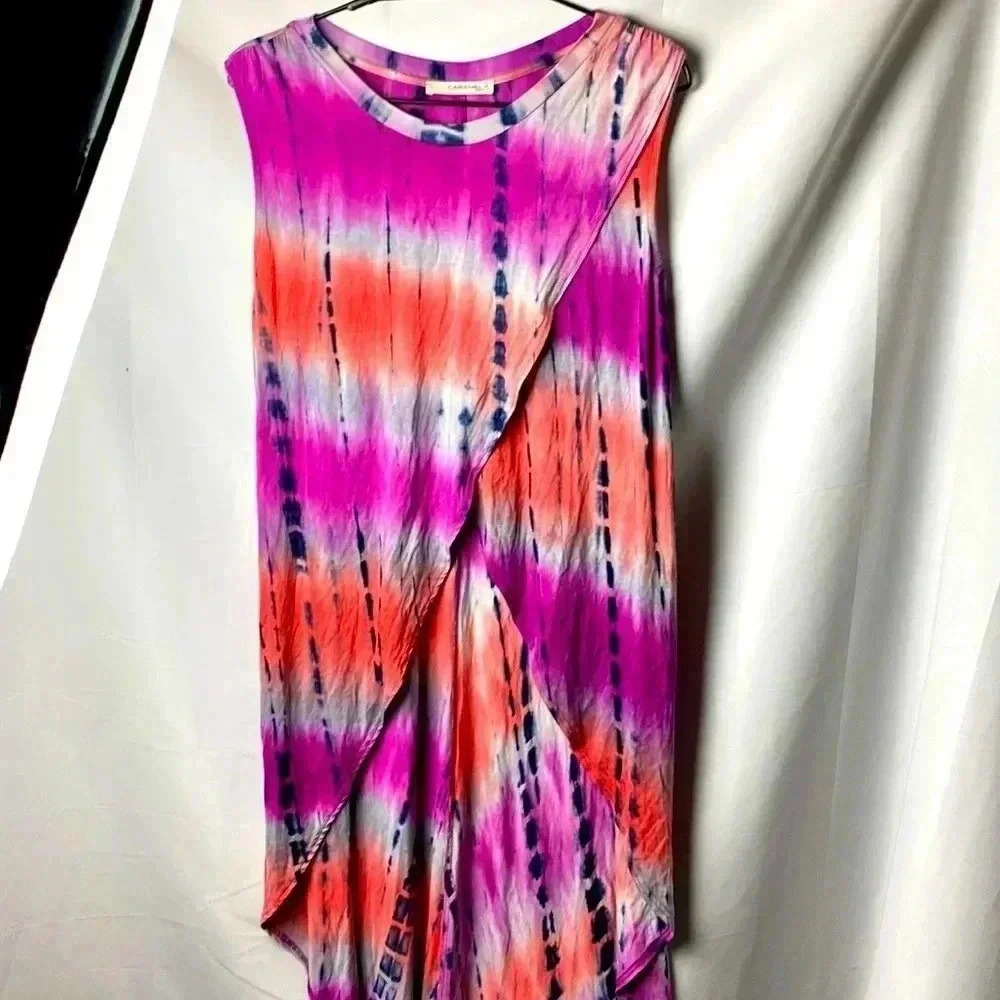 CARMELA WO LARGE (SEE BELOW)TIE DYE TOP SWIM COVER  HI LOW CRISS‎ CROSS FRONT